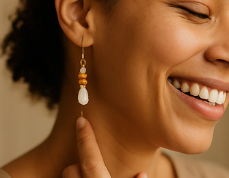 Close-up of a smiling woman wearing a handmade drop earring