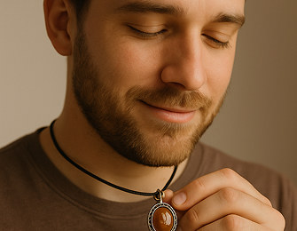 Man holding a handcrafted stone pendant necklace