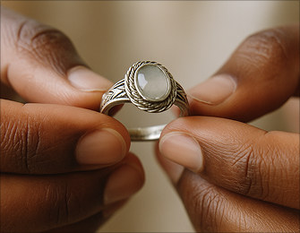 Close-up of hands holding and displaying a silver gemstone ring
